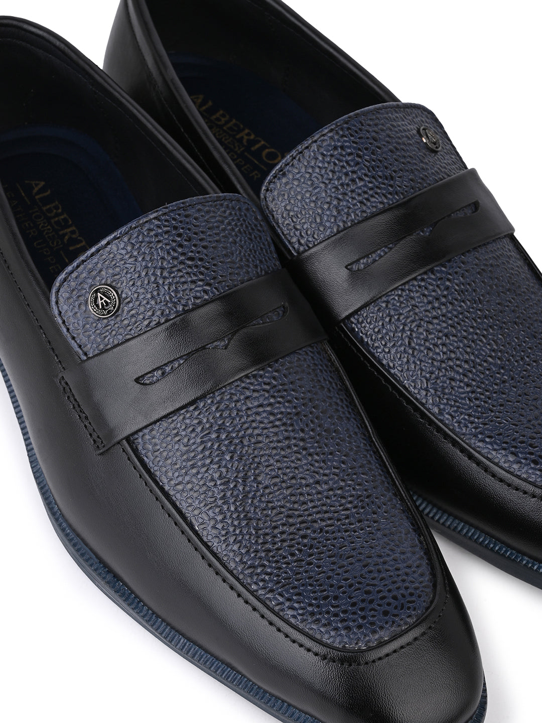 Men Black &amp; Navy Textured Leather Slip-On Penny Loafers with TPR Sole