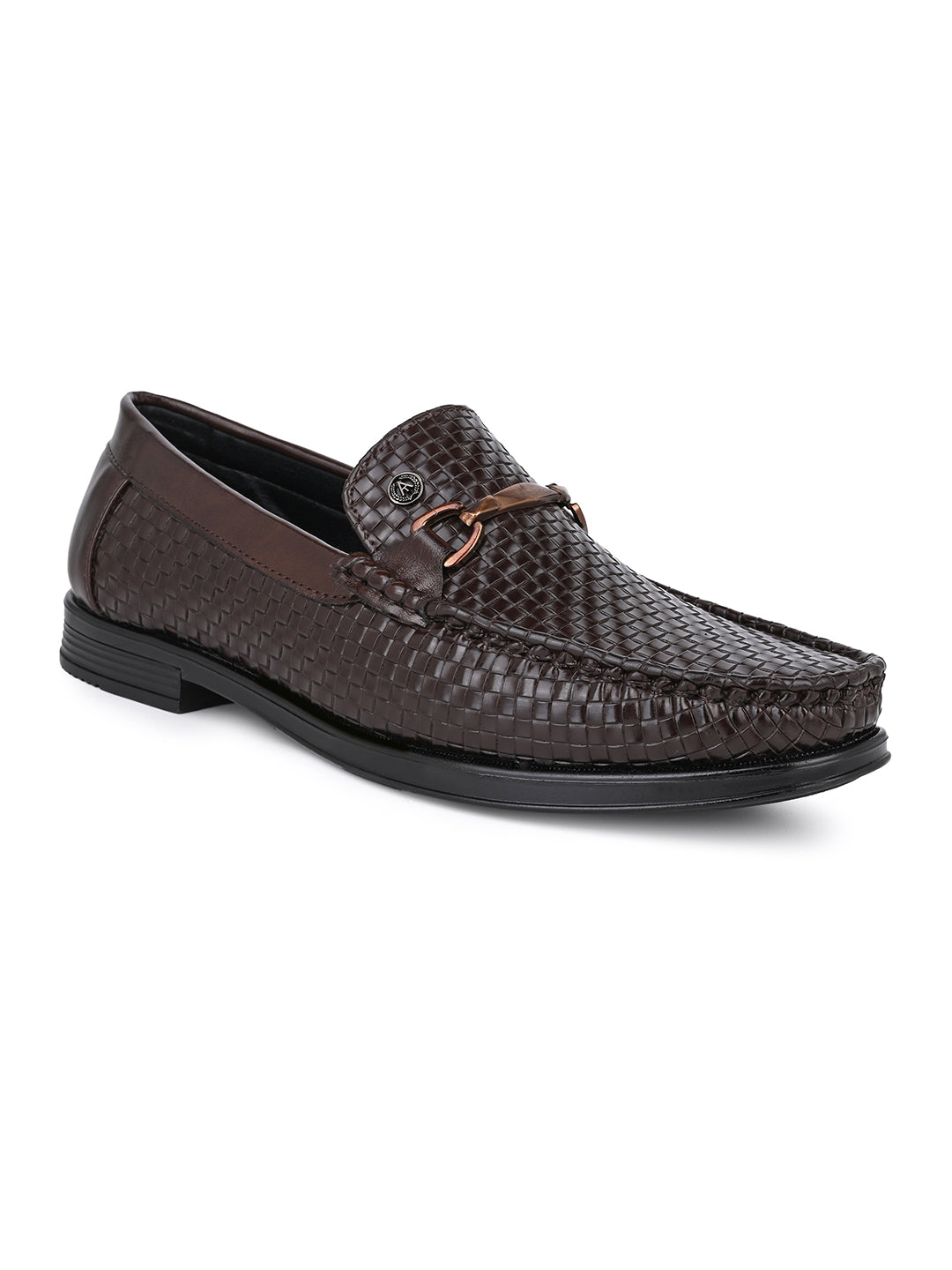 Woven Pattern Brown Faux Leather Slip-On Loafers with Metallic Trim