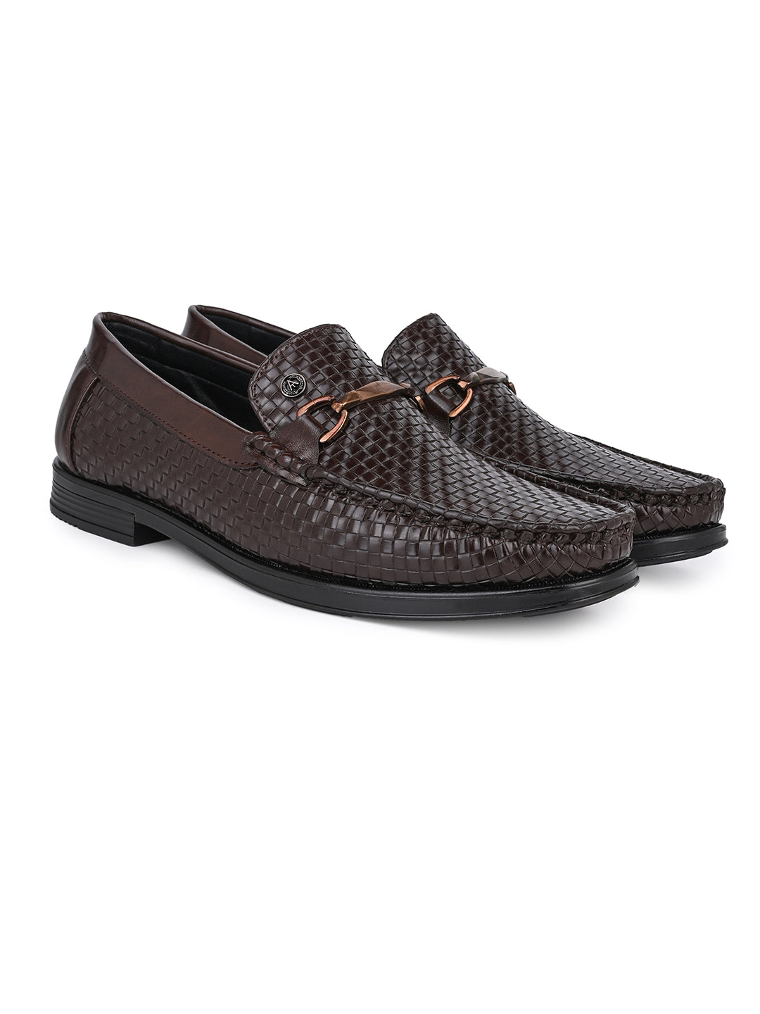 Woven Pattern Brown Faux Leather Slip-On Loafers with Metallic Trim