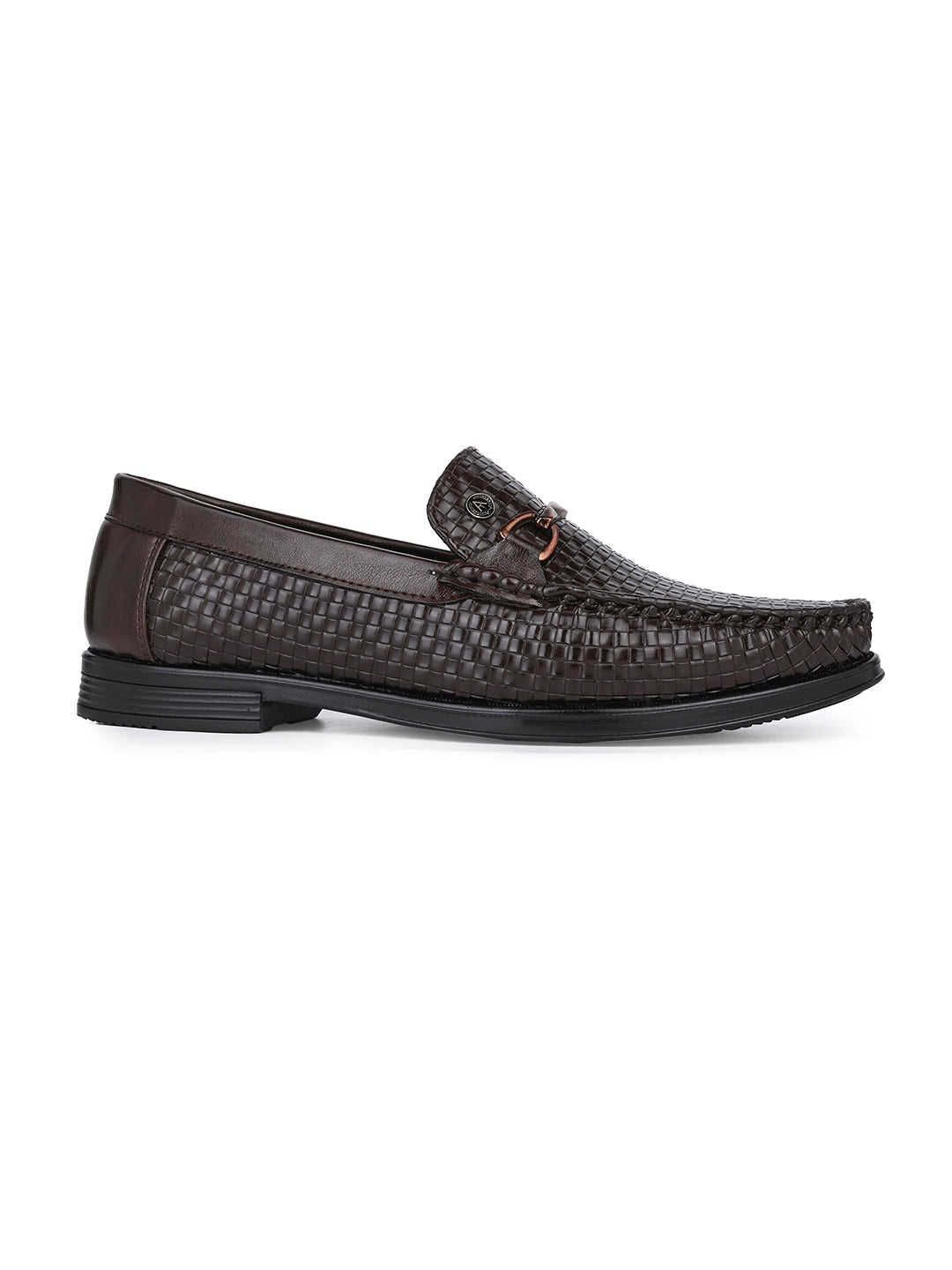 Woven Pattern Brown Faux Leather Slip-On Loafers with Metallic Trim