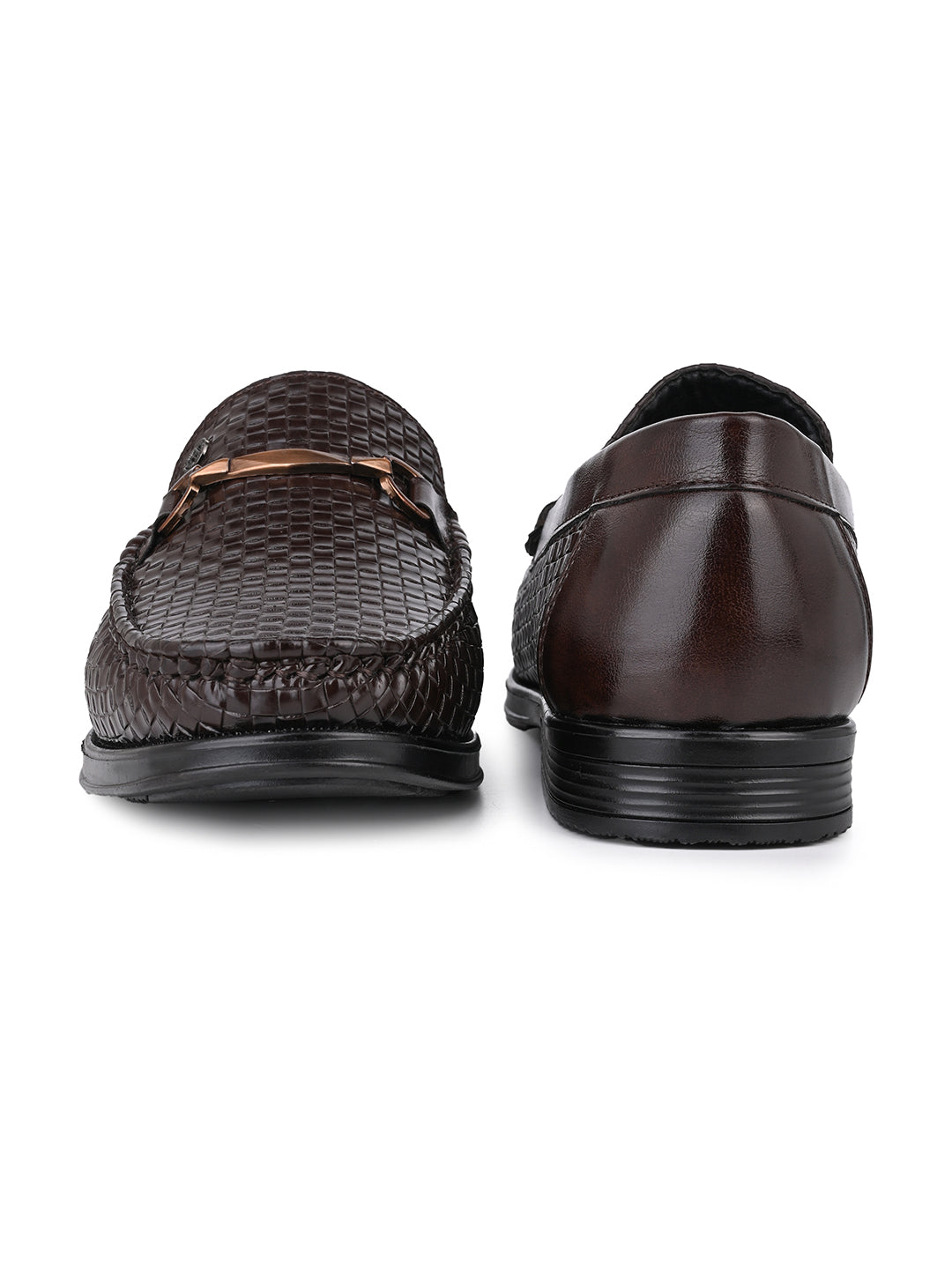 Woven Pattern Brown Faux Leather Slip-On Loafers with Metallic Trim