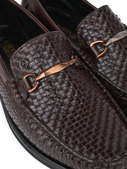 Woven Pattern Brown Faux Leather Slip-On Loafers with Metallic Trim