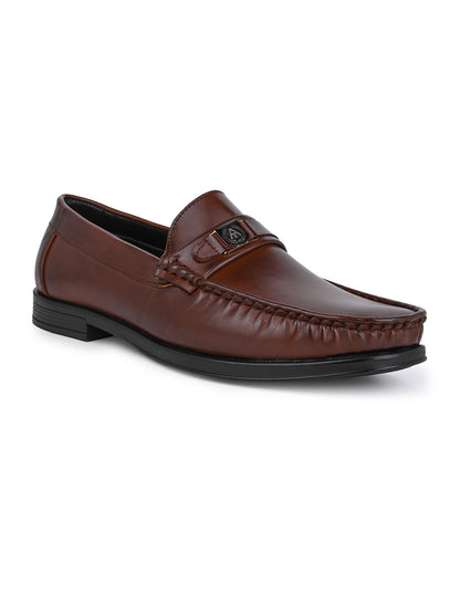 Men Smooth Tan Finish Faux Leather Slip-On Loafers with Metallic Crest Detail