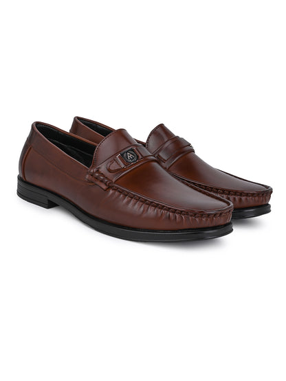 Men Smooth Tan Finish Faux Leather Slip-On Loafers with Metallic Crest Detail