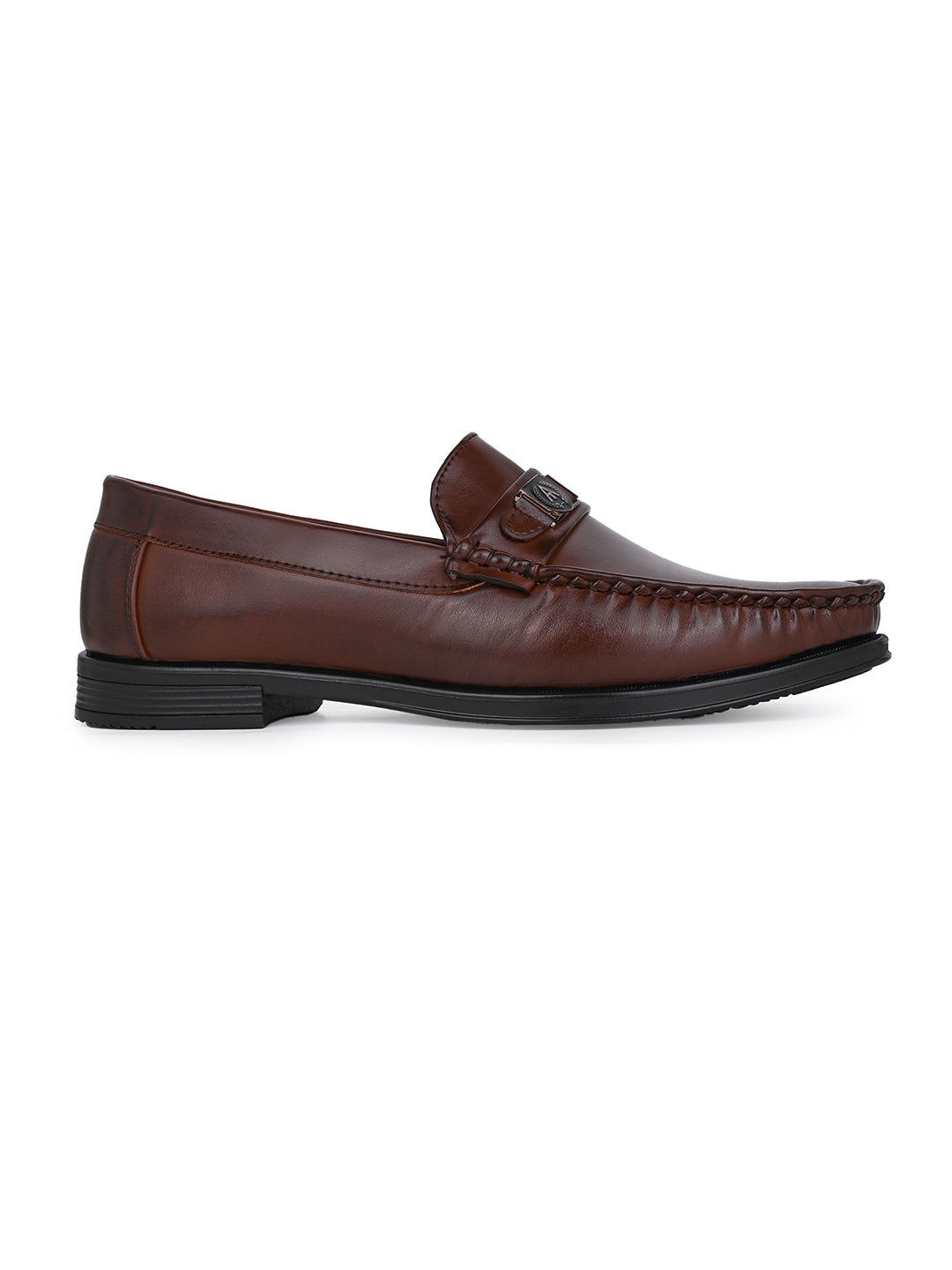 Men Smooth Tan Finish Faux Leather Slip-On Loafers with Metallic Crest Detail