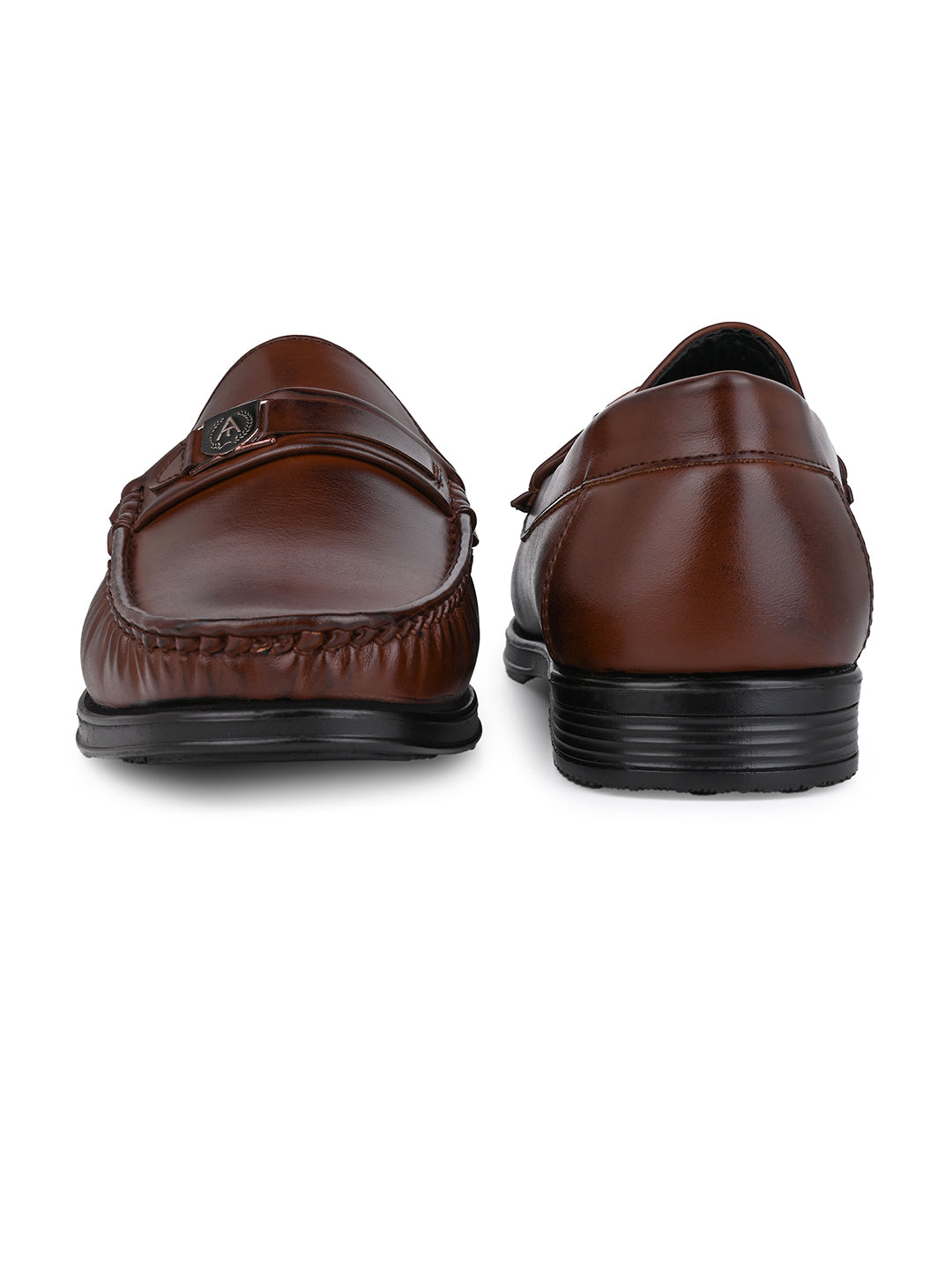 Men Smooth Tan Finish Faux Leather Slip-On Loafers with Metallic Crest Detail