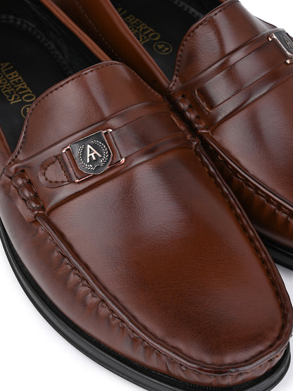 Men Smooth Tan Finish Faux Leather Slip-On Loafers with Metallic Crest Detail
