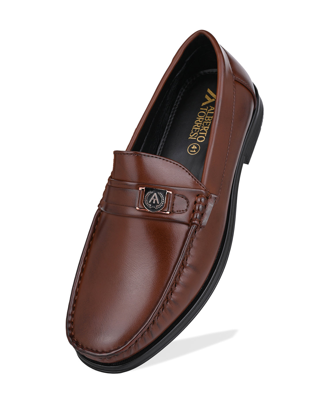 Men Smooth Tan Finish Faux Leather Slip-On Loafers with Metallic Crest Detail