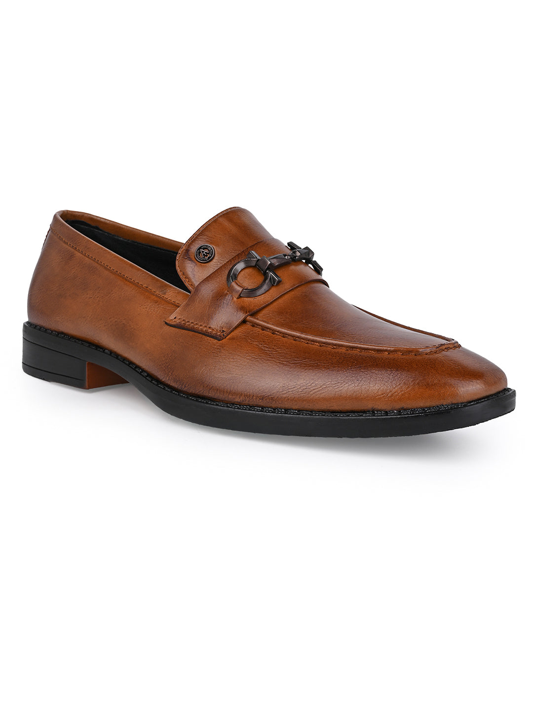 Men Tan Synthetic Leather Slip-On Loafers with Metallic Horsebit Buckle