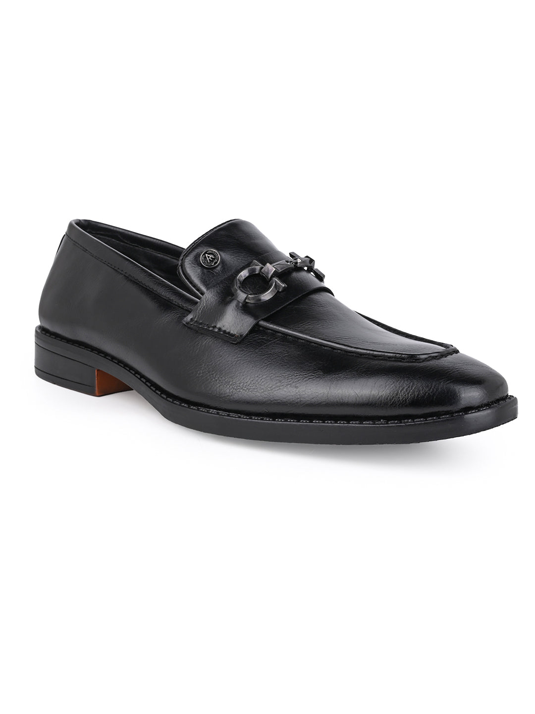 Men Black Synthetic Leather Slip-On Loafers with Metallic Horsebit Buckle