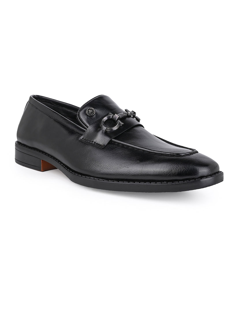 Men Black Synthetic Leather Slip-On Loafers with Metallic Horsebit Buckle