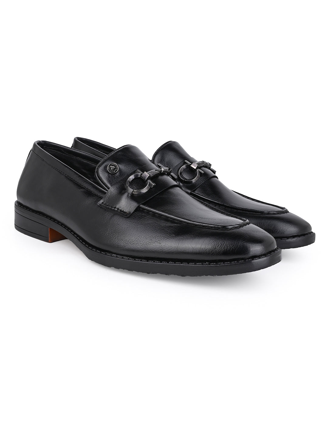 Men Black Synthetic Leather Slip-On Loafers with Metallic Horsebit Buckle