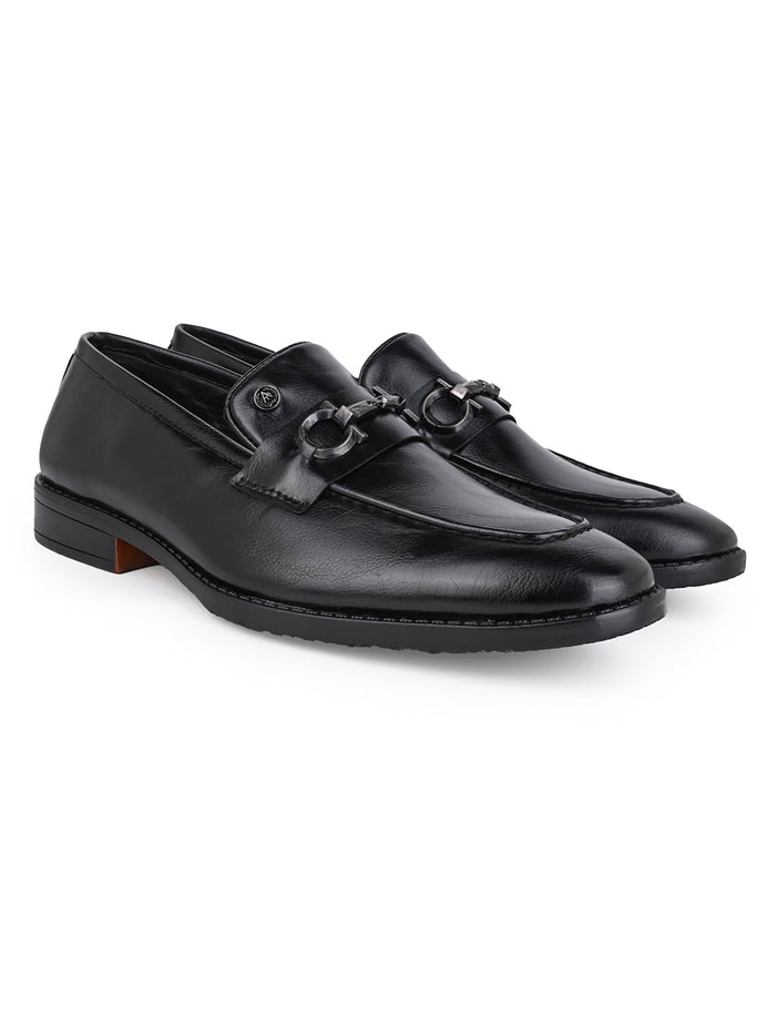 Men Black Synthetic Leather Slip-On Loafers with Metallic Horsebit Buckle