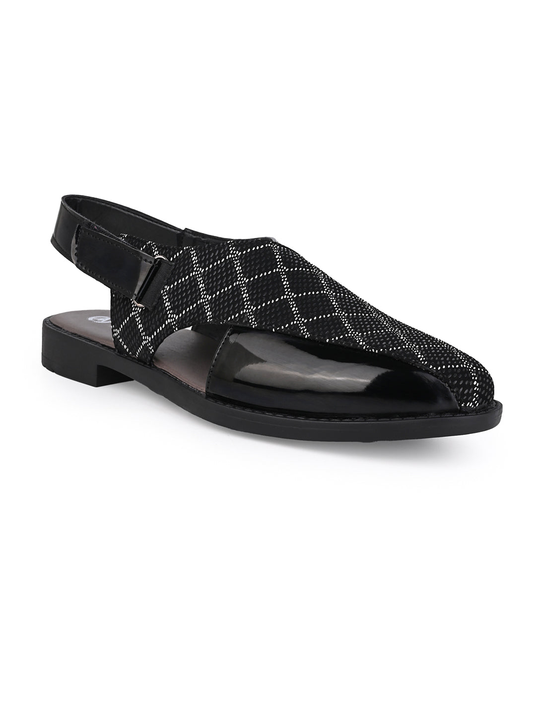 Men Black Checkered Fabric and Patent Synthetic Backstrap Peshawari Sandals