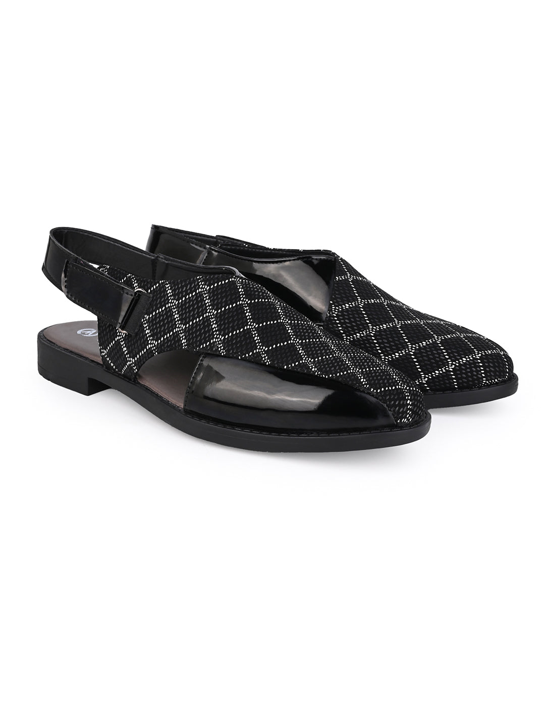 Men Black Checkered Fabric and Patent Synthetic Backstrap Peshawari Sandals