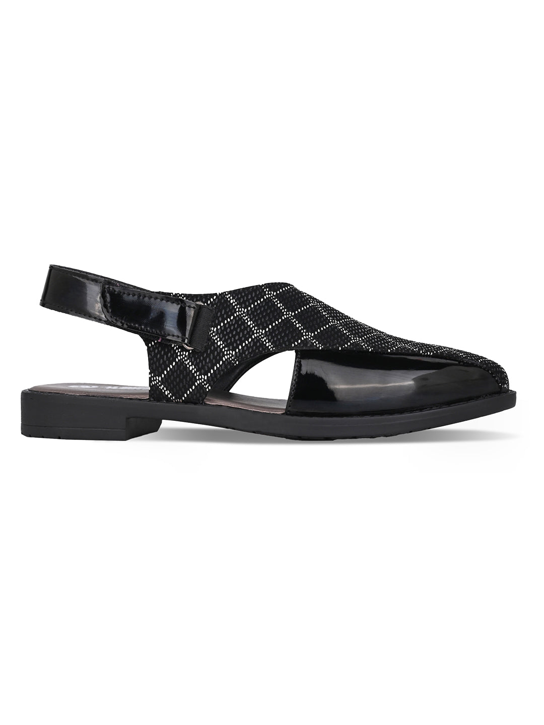 Men Black Checkered Fabric and Patent Synthetic Backstrap Peshawari Sandals