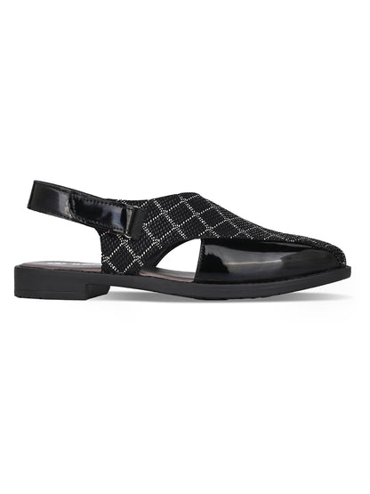 Men Black Checkered Fabric and Patent Synthetic Backstrap Peshawari Sandals