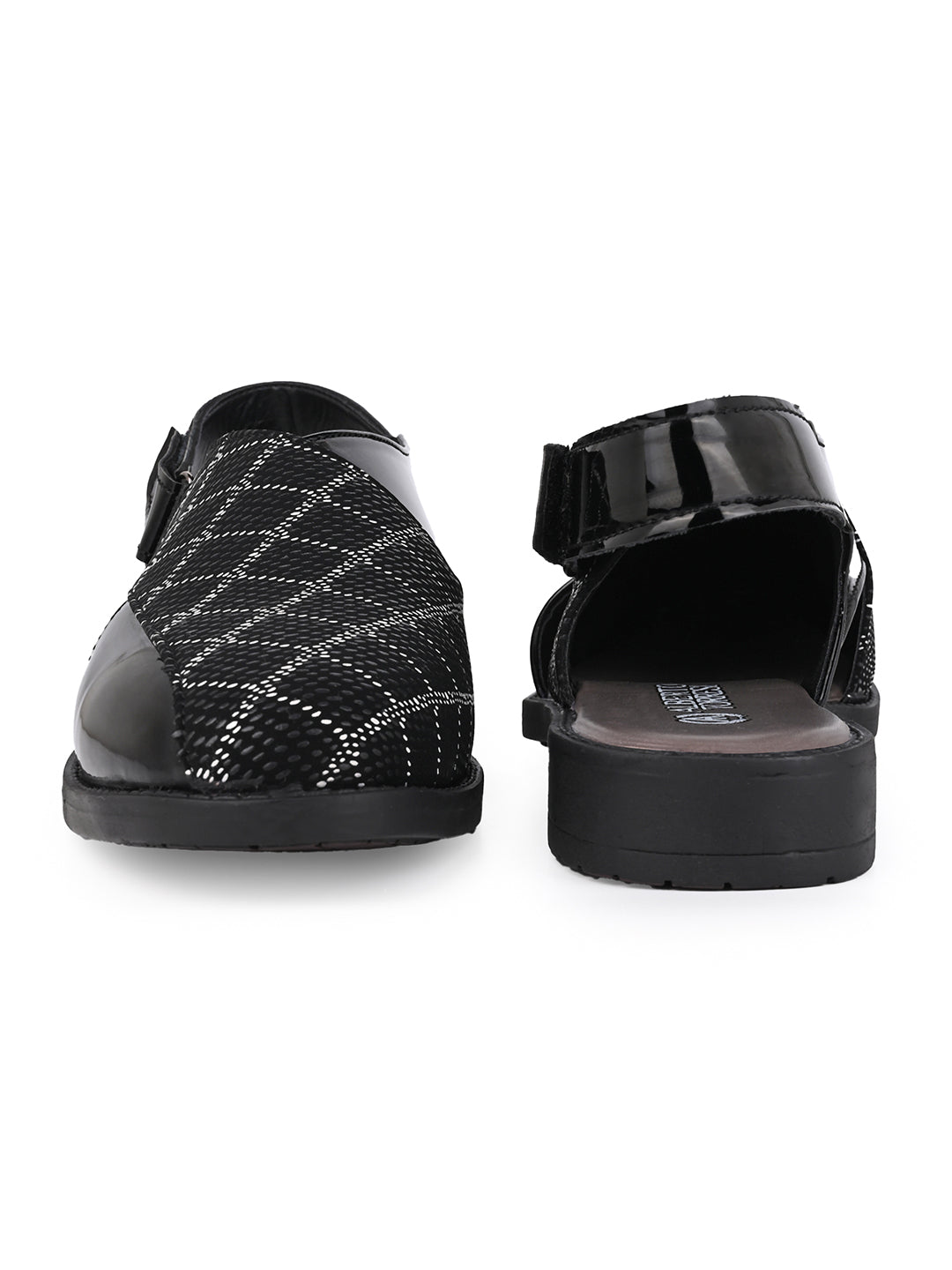 Men Black Checkered Fabric and Patent Synthetic Backstrap Peshawari Sandals