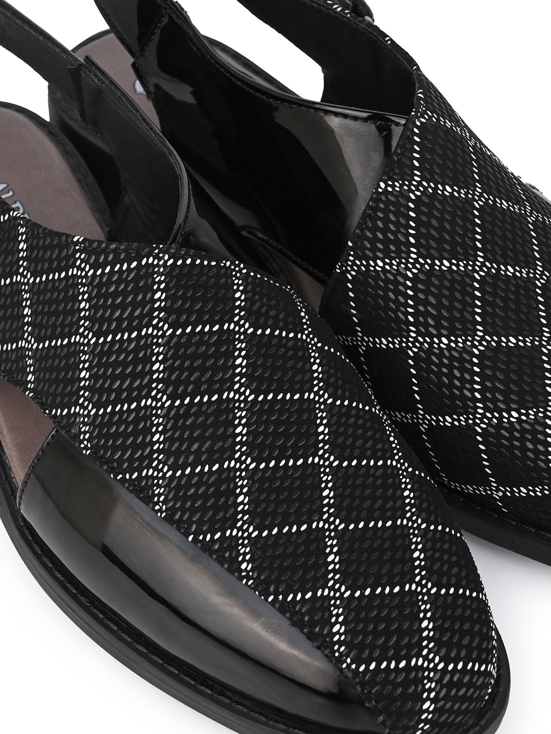 Men Black Checkered Fabric and Patent Synthetic Backstrap Peshawari Sandals