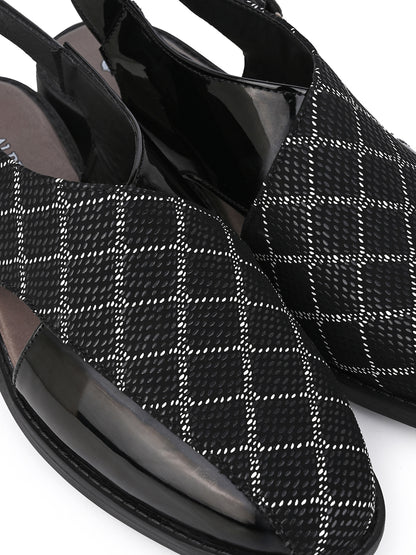 Men Black Checkered Fabric and Patent Synthetic Backstrap Peshawari Sandals