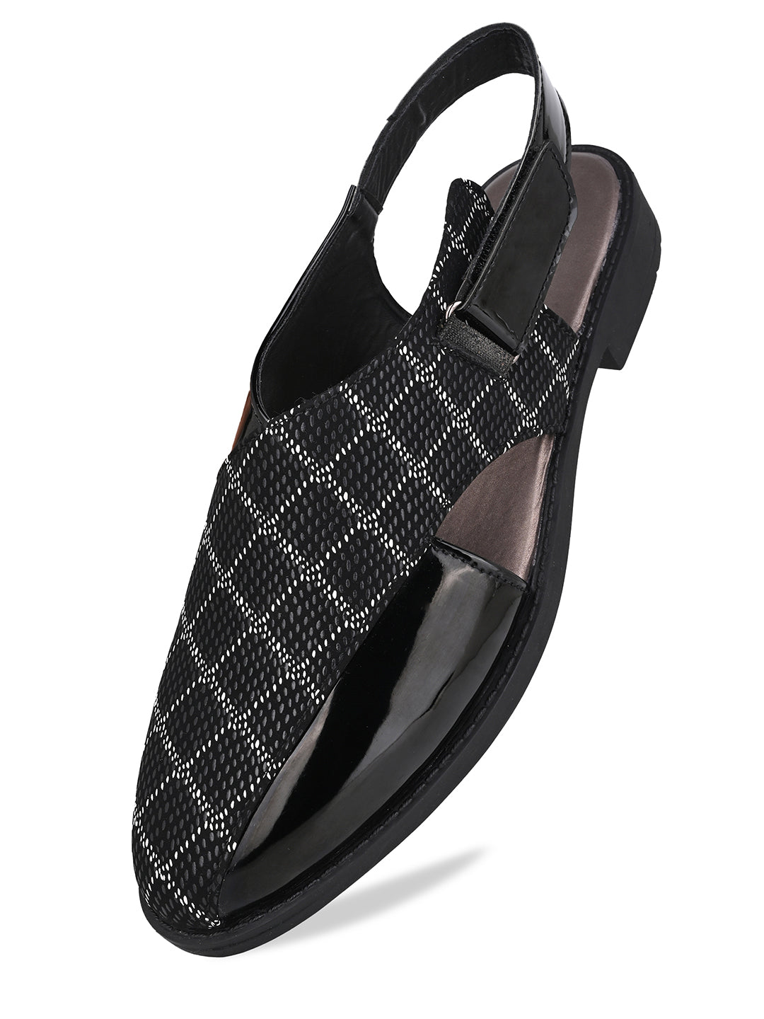 Men Black Checkered Fabric and Patent Synthetic Backstrap Peshawari Sandals