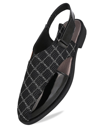 Men Black Checkered Fabric and Patent Synthetic Backstrap Peshawari Sandals