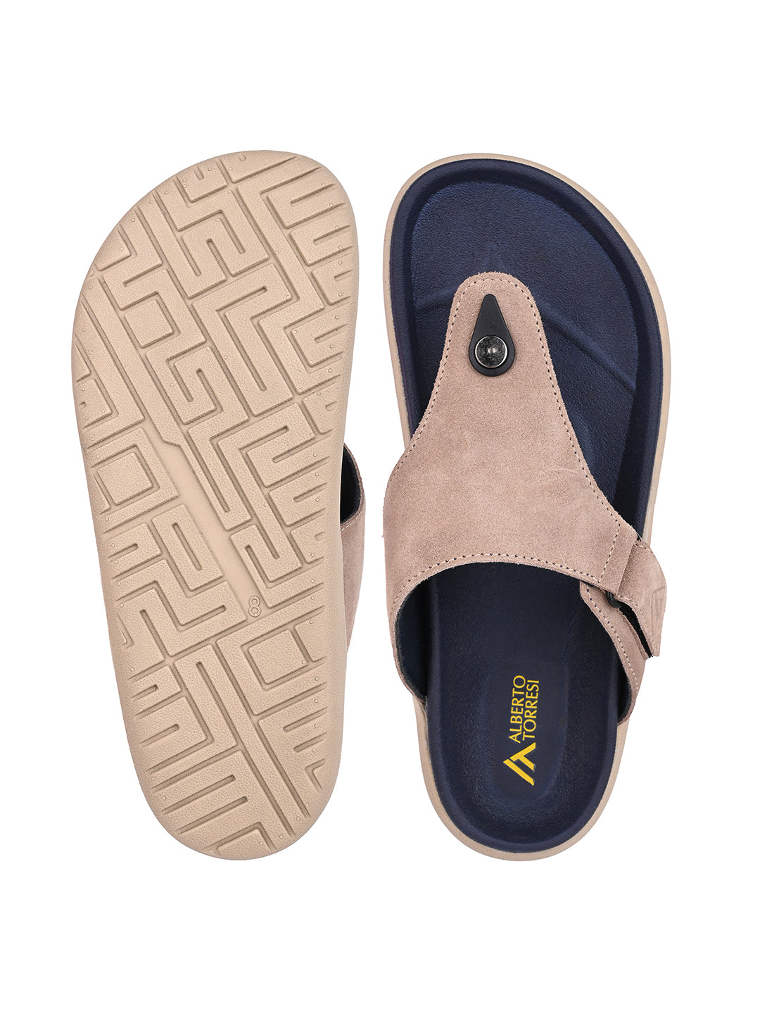 Men Beige Genuine Suede Leather Adjustable T-Strap Comfort Slippers