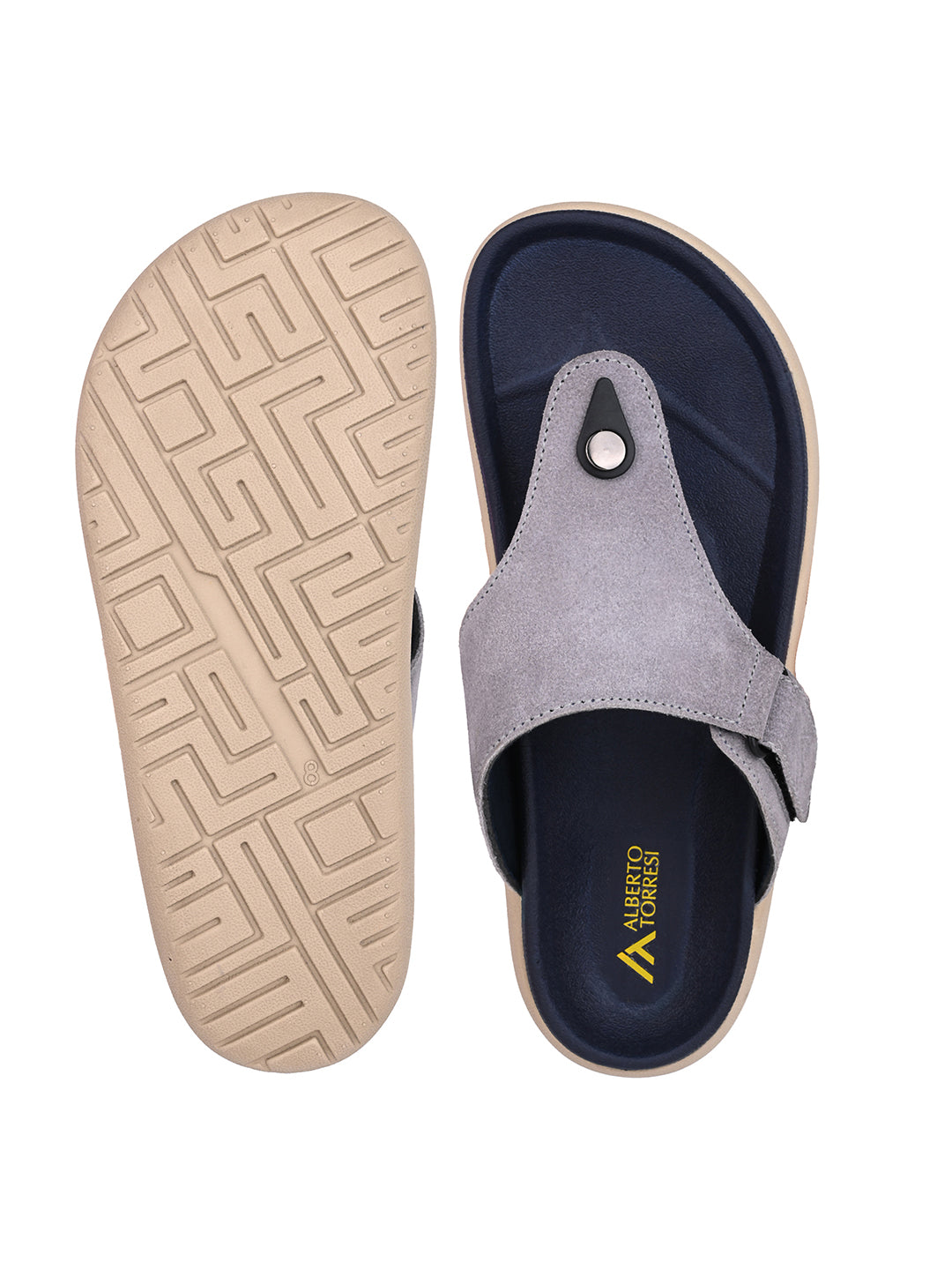 Men Grey Genuine Suede Leather Adjustable T-Strap Comfort Slippers