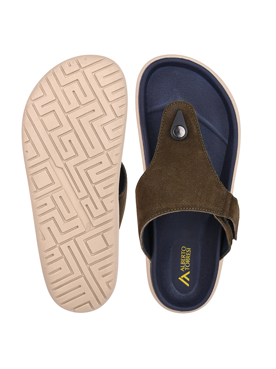 Men Olive Genuine Suede Leather Adjustable T-Strap Comfort Slippers