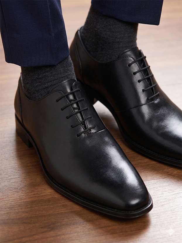 Black Leather Lace Up Shoes For Men With Sneaker Footpad