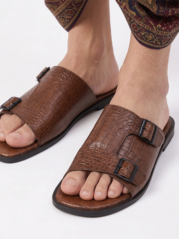 Alberto Torresi Men’s Tan Textured Leather Monk-Strap Slide