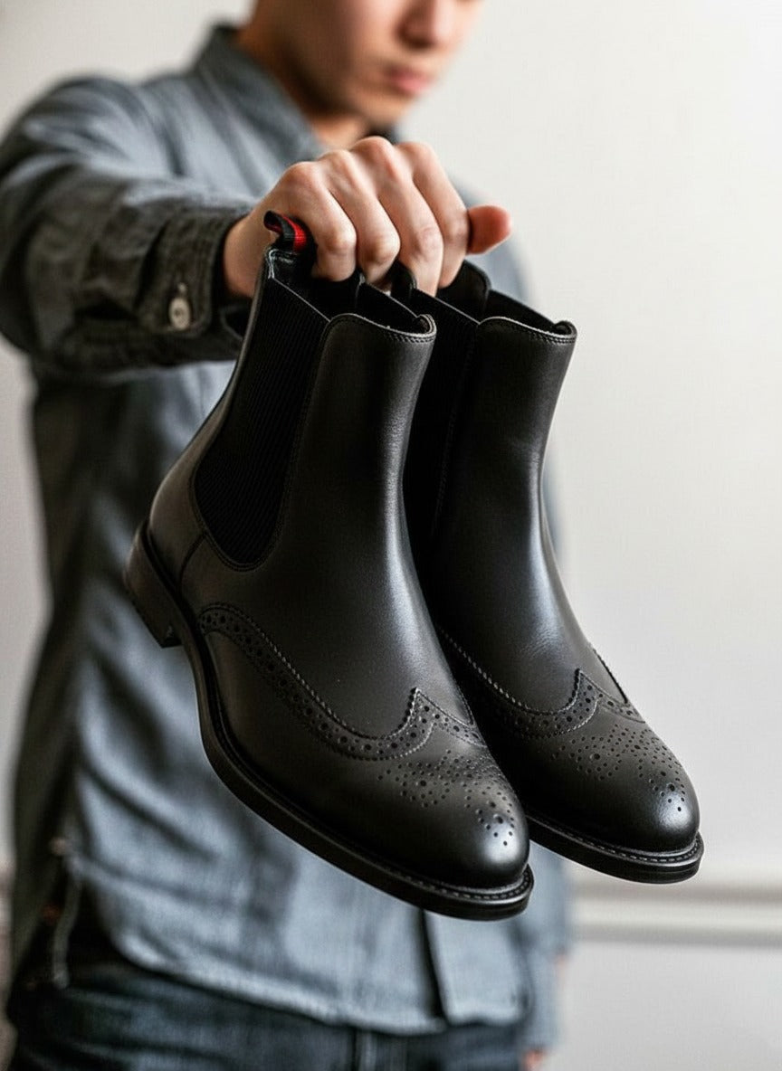 Alberto Torresi Black Leather Brogue Chelsea Boots for Men