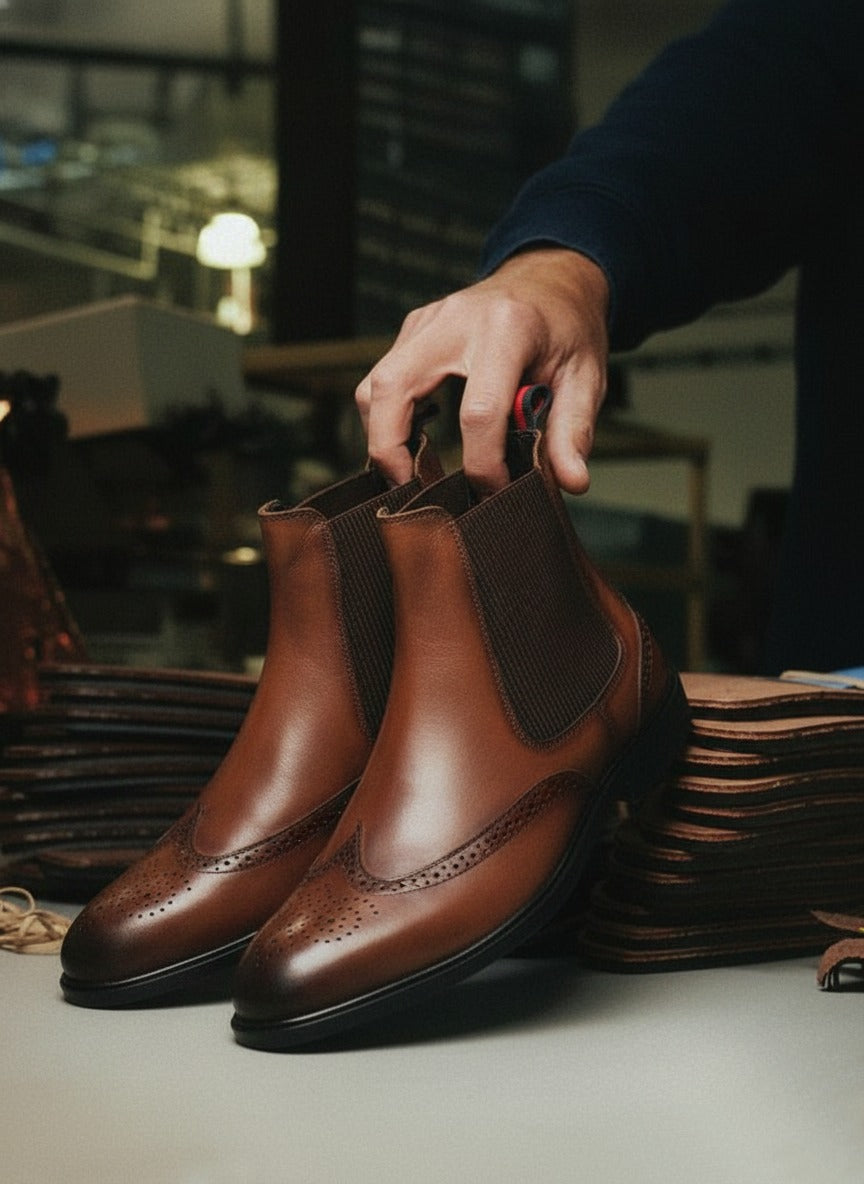 Alberto Torresi Tan Leather Brogue Chelsea Boots for Men