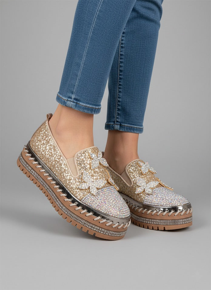 Women’s Gold Party Wear Embellished Moccasin Shoes