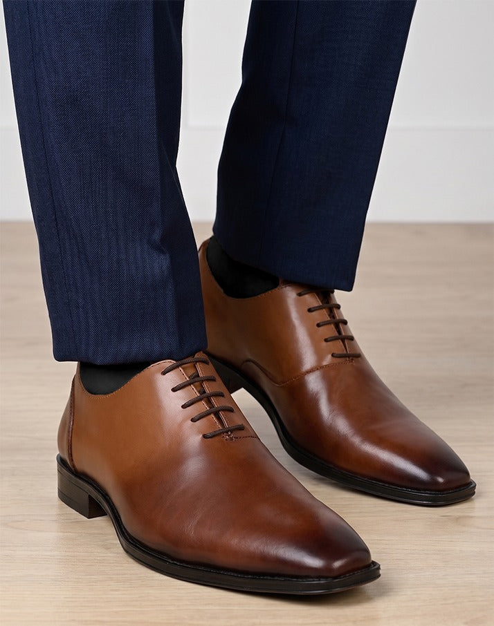 Tan Leather Lace Up Shoes For Men With Sneaker Footpad