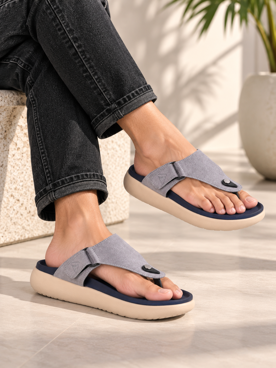 Varello Grey T-Strap Slippers for Men - Adjustable Comfort Slippers for Casual &amp; Everyday Wear