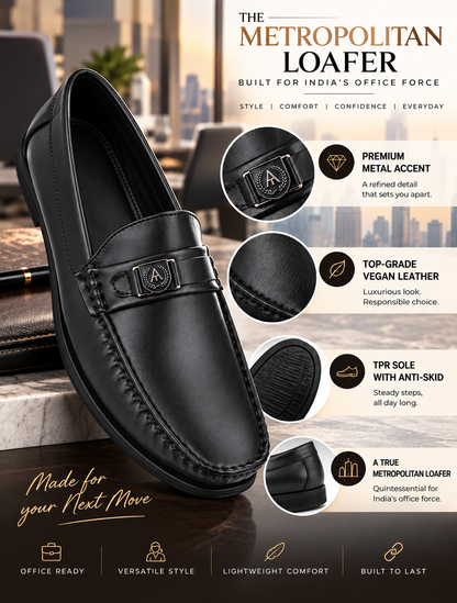 Mavero Black Loafers for Men - Slip-On Shoes with Metallic Crest Detail for Office &amp; Party Wear