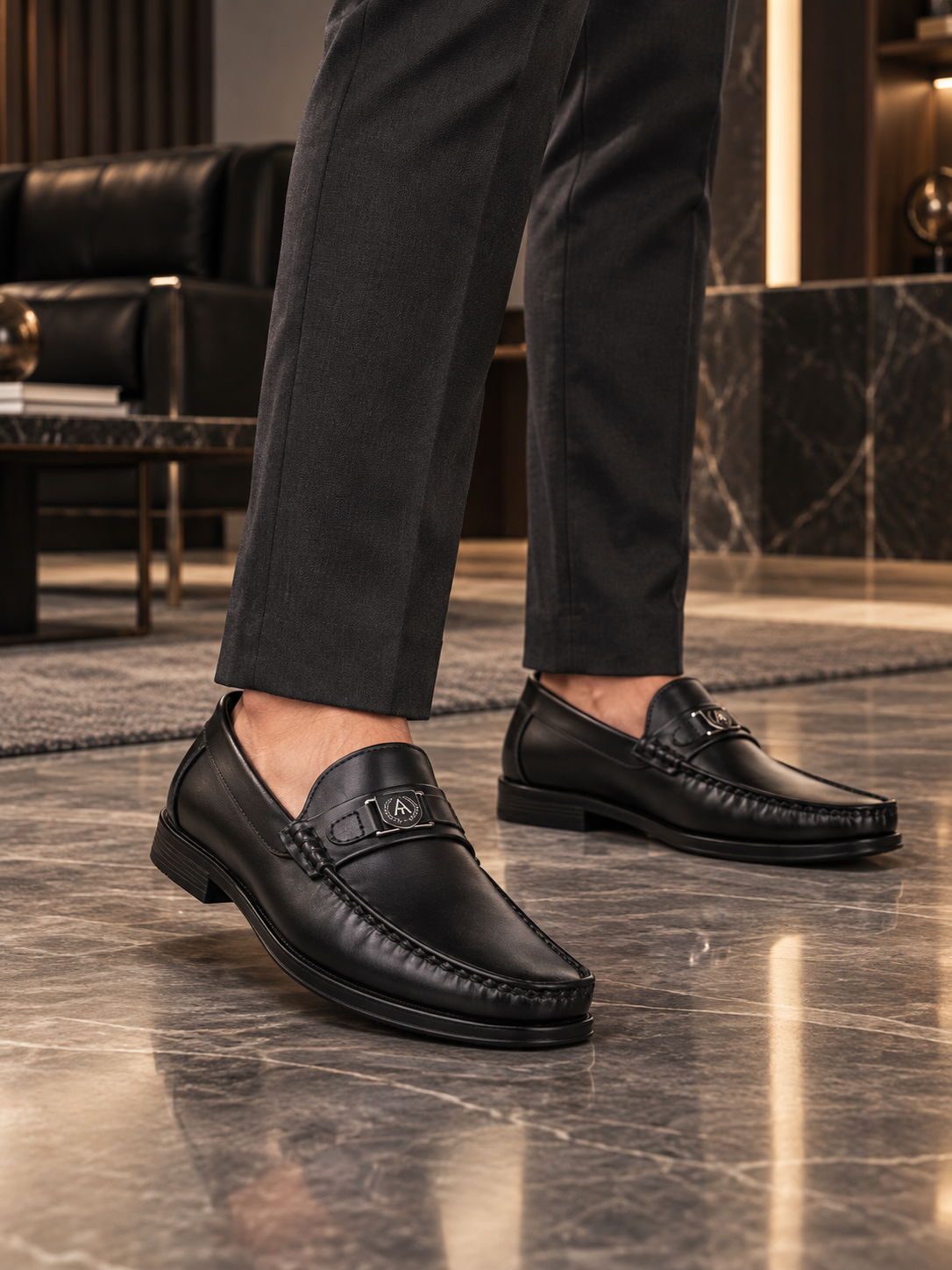 Mavero Black Loafers for Men - Slip-On Shoes with Metallic Crest Detail for Office &amp; Party Wear