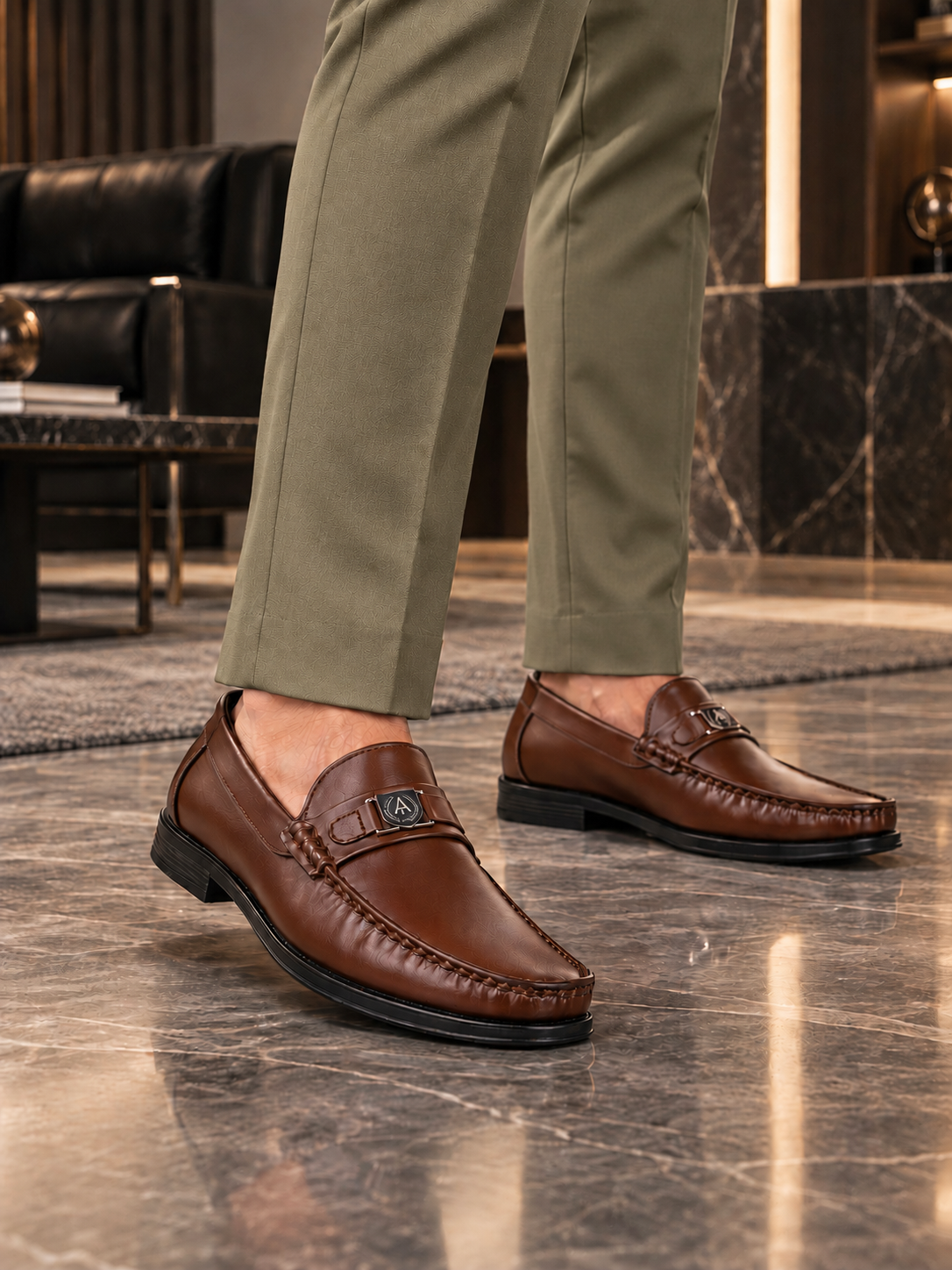 Mavero Tan Loafers for Men - Slip-On Shoes with Metallic Crest Detail for Office &amp; Party Wear