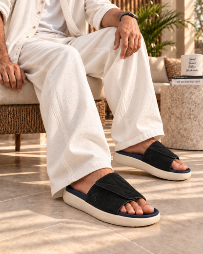 Savio Black Comfort Slides for Men - Adjustable Velcro Strap Slippers for Casual &amp; Everyday Wear