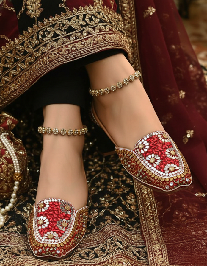 Red Artisan Sandal with Intricate Crystal and Mirror Floral