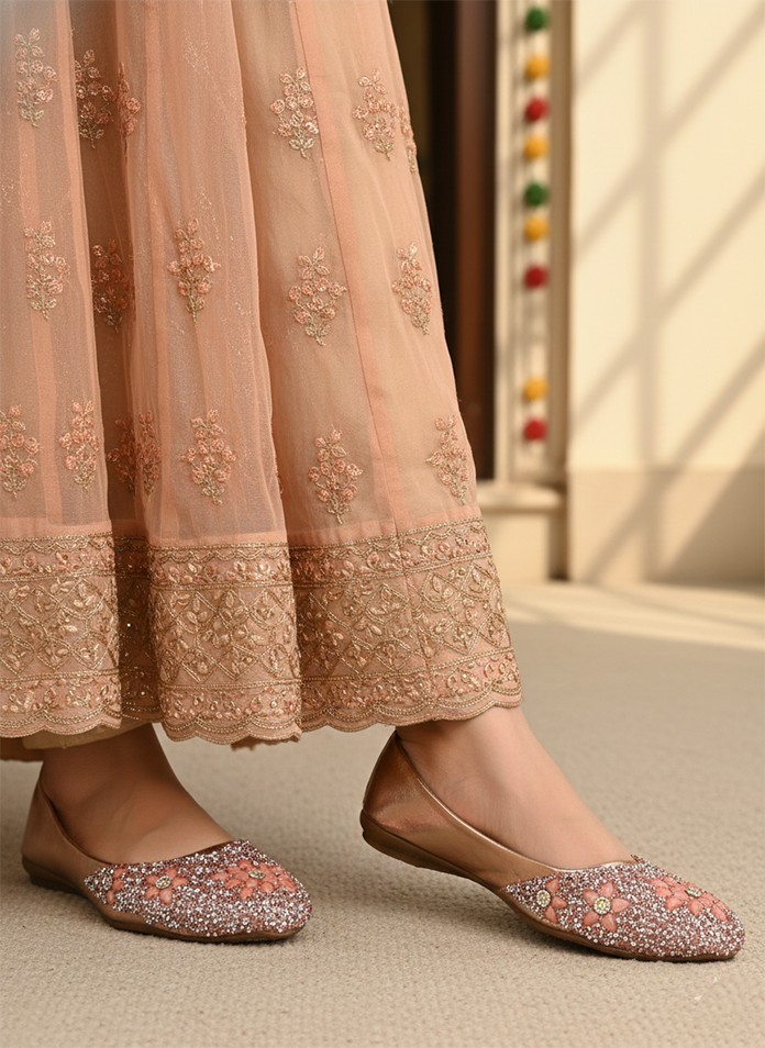 Women’s Peach Metallic Sandal with Floral Crystal