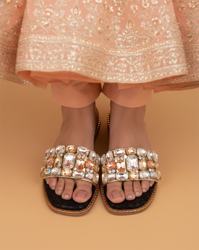 Empress Crystal-Embellished Gold Paisley Slides