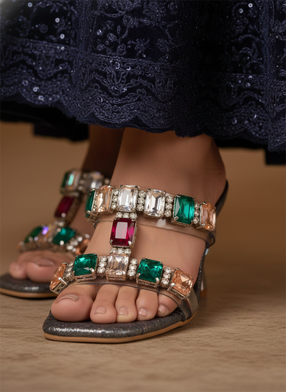 Starlight T-Strap Crystal Stiletto in Champagne Multi Sandal