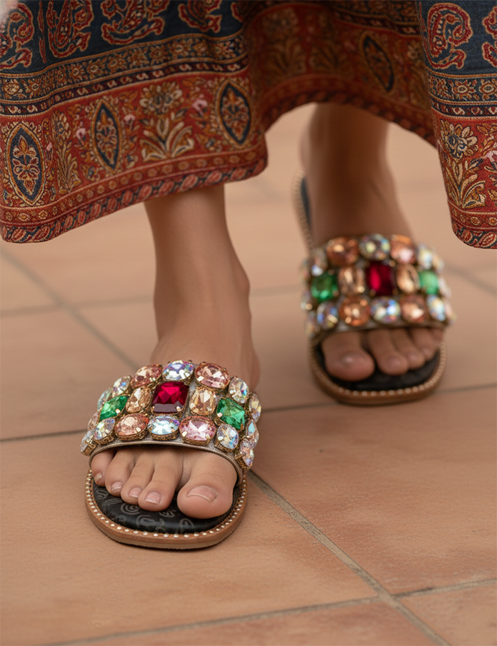 Empress Crystal-Embellished Silver Paisley Slides