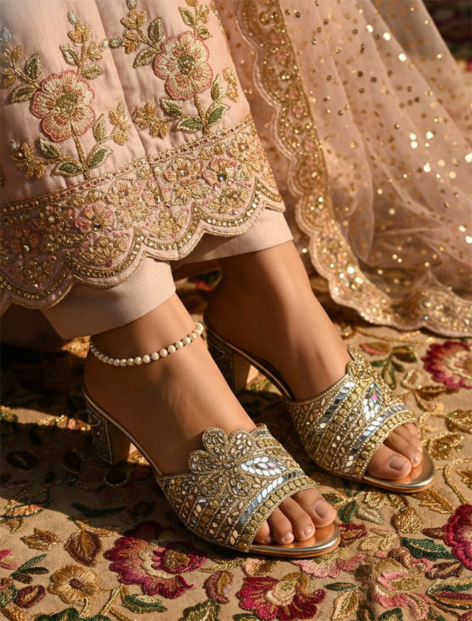 Women’s Gold Hand-Embroidered Block Heels