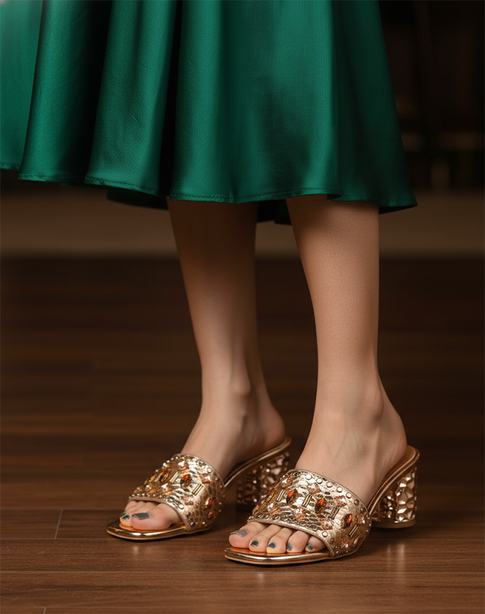 Women’s Rose Gold Metallic Block Heel Sandal