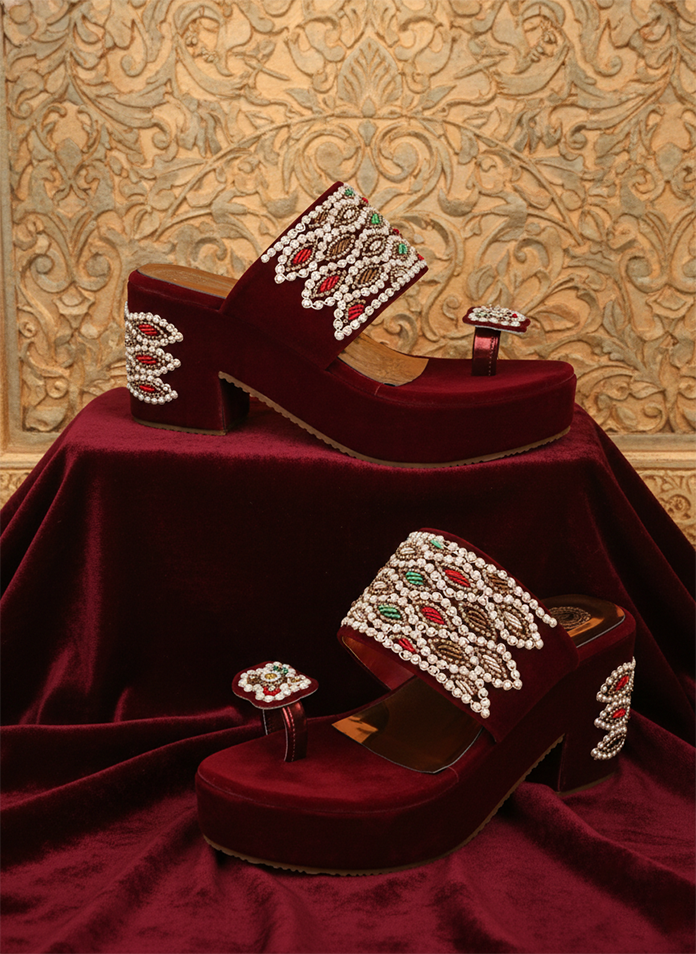 Maroon Velvet Traditional Pearl &amp; Zardosi Platform Sandal