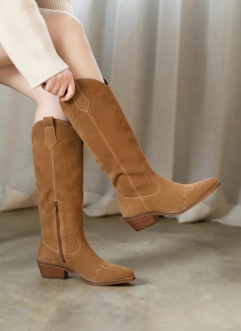 Alberto Torresi Women's Tan Suede Leather Western High-Calf Boots with Side Zipper