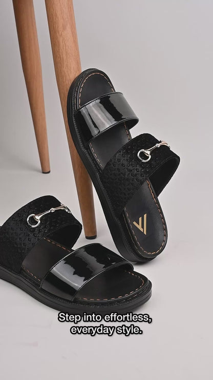 Men’s Black Patent Double Strap Slide Sandals with Metallic Horsebit Detail